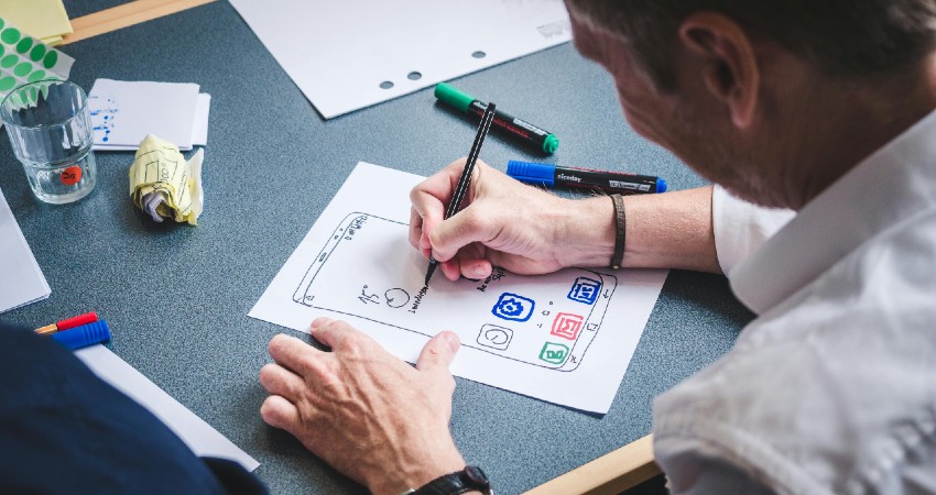 User experience drawn on paper by a UX designer.